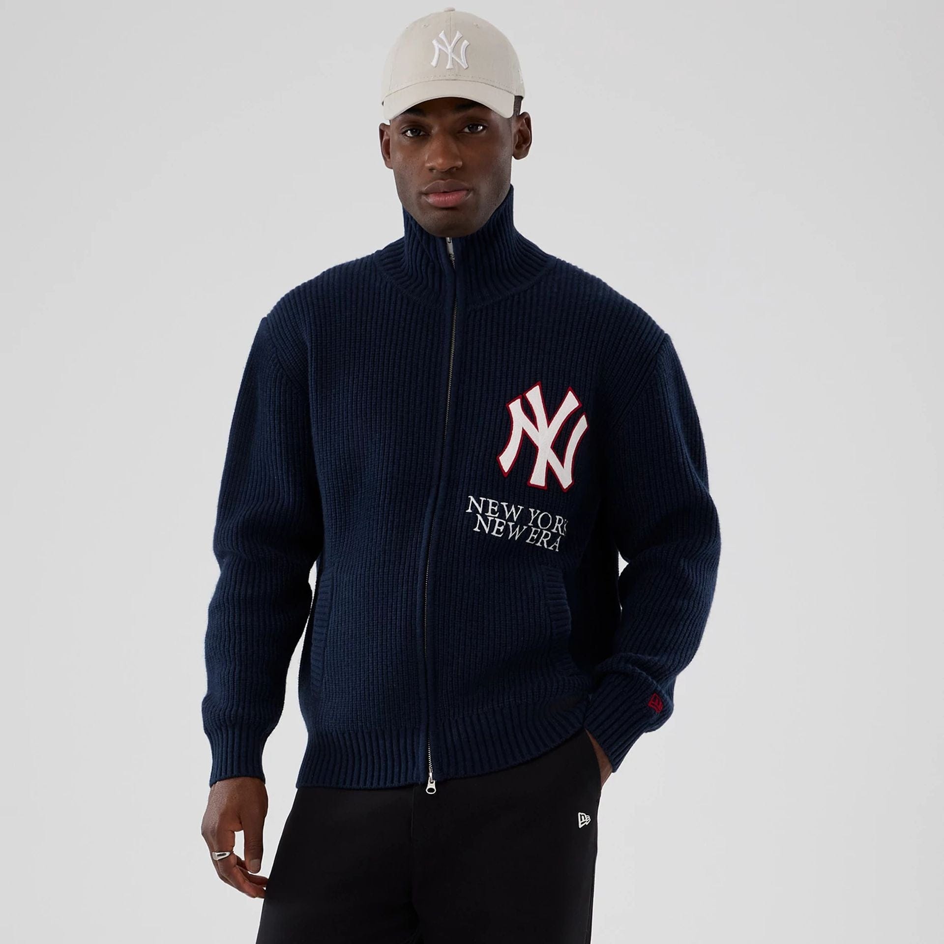 The Male model is wearing New York Yankees MLB Navy Cardigan  1