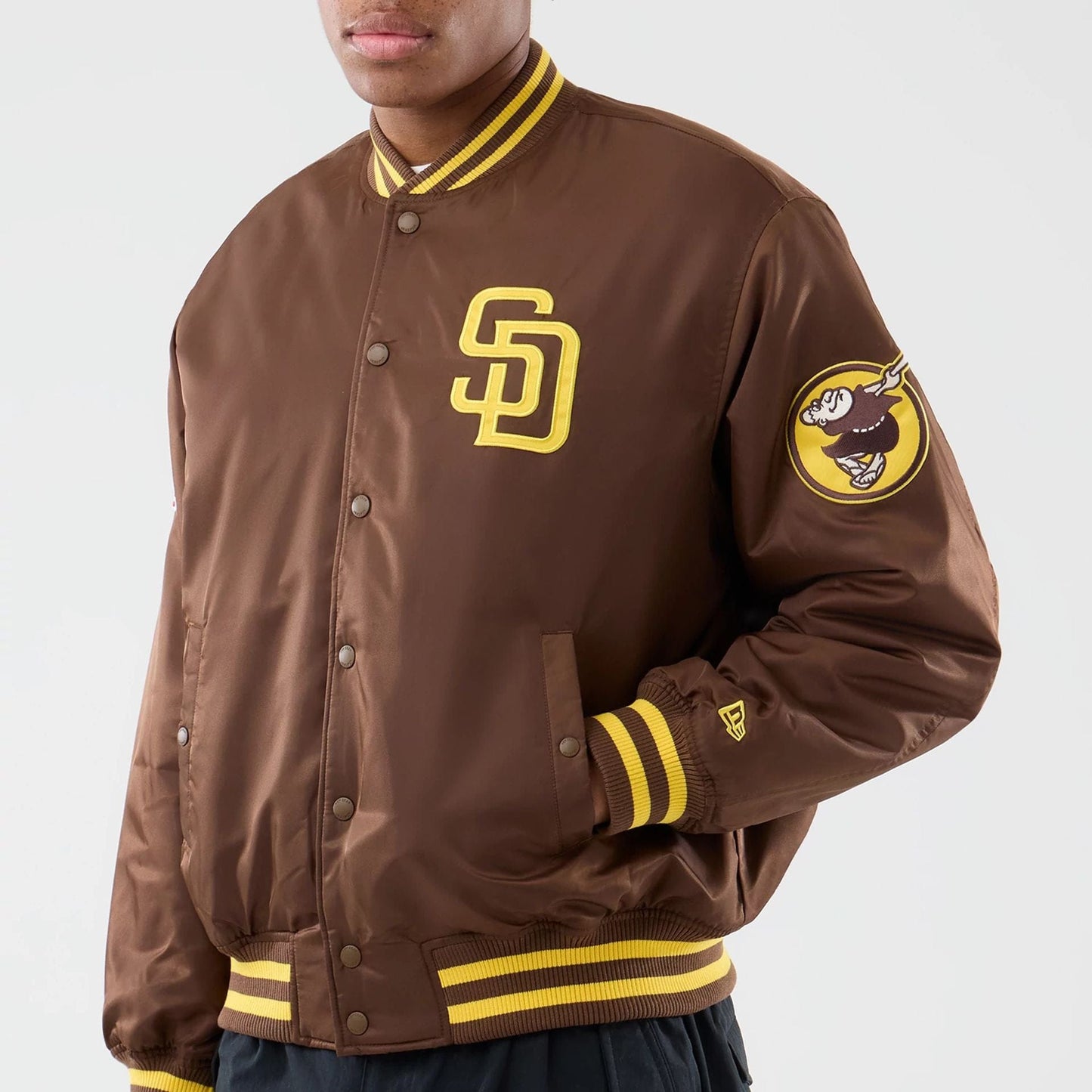 The Male model is wearing San Diego Padres MLB Authentic Dark Brown Stadium Jacket  3