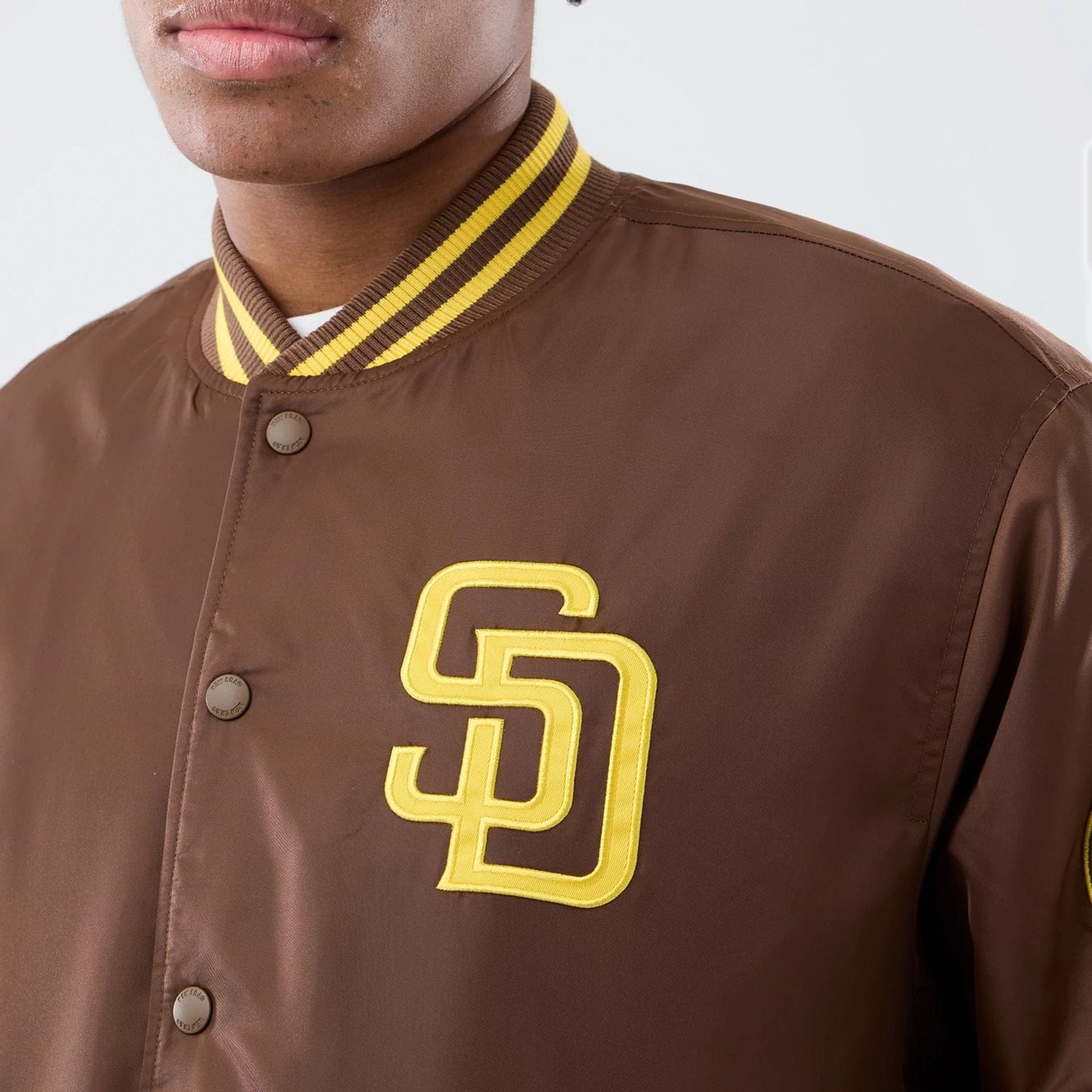 The Male model is wearing San Diego Padres MLB Authentic Dark Brown Stadium Jacket  4