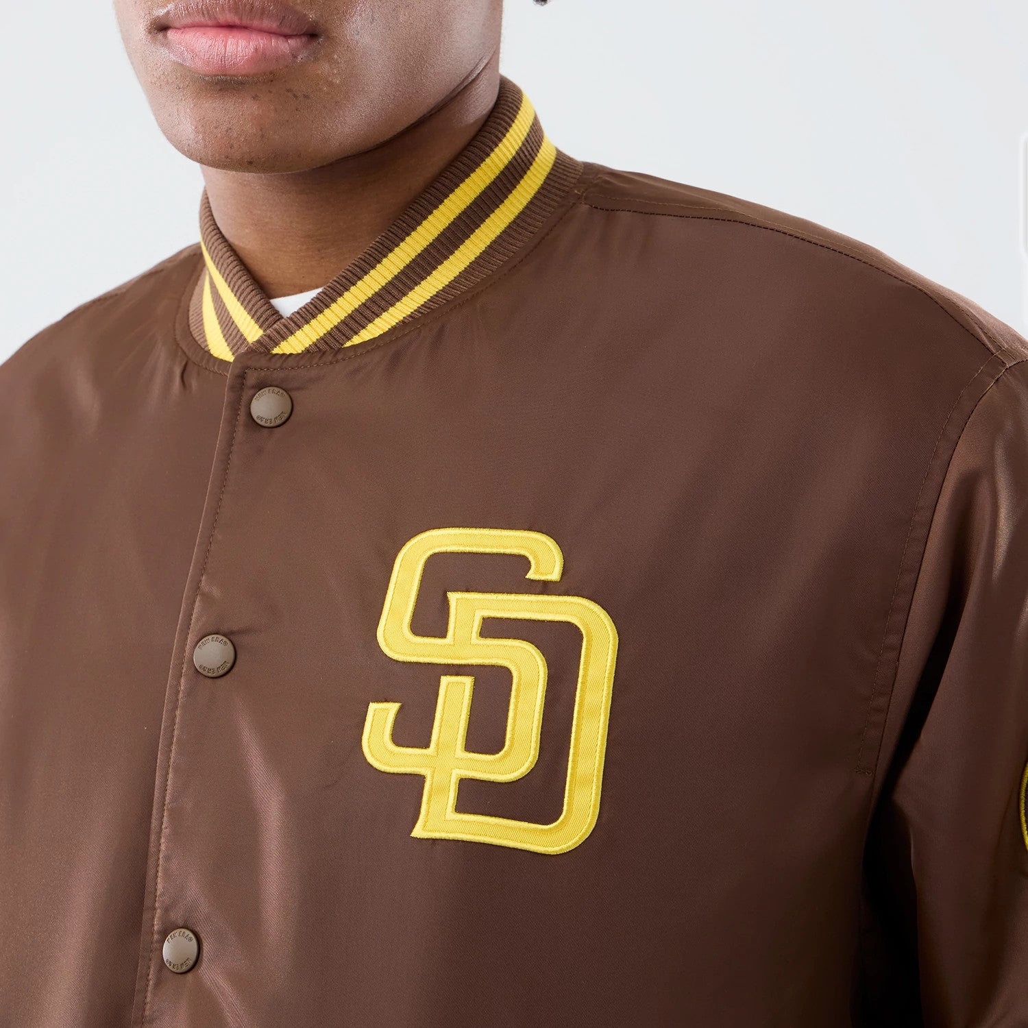 The Male model is wearing San Diego Padres MLB Authentic Dark Brown Stadium Jacket 4