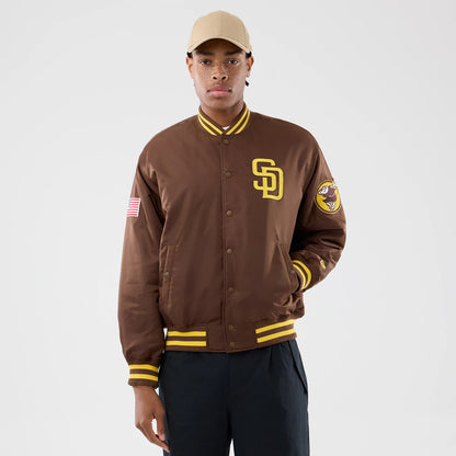 The Male model is wearing San Diego Padres MLB Authentic Dark Brown Stadium Jacket 1
