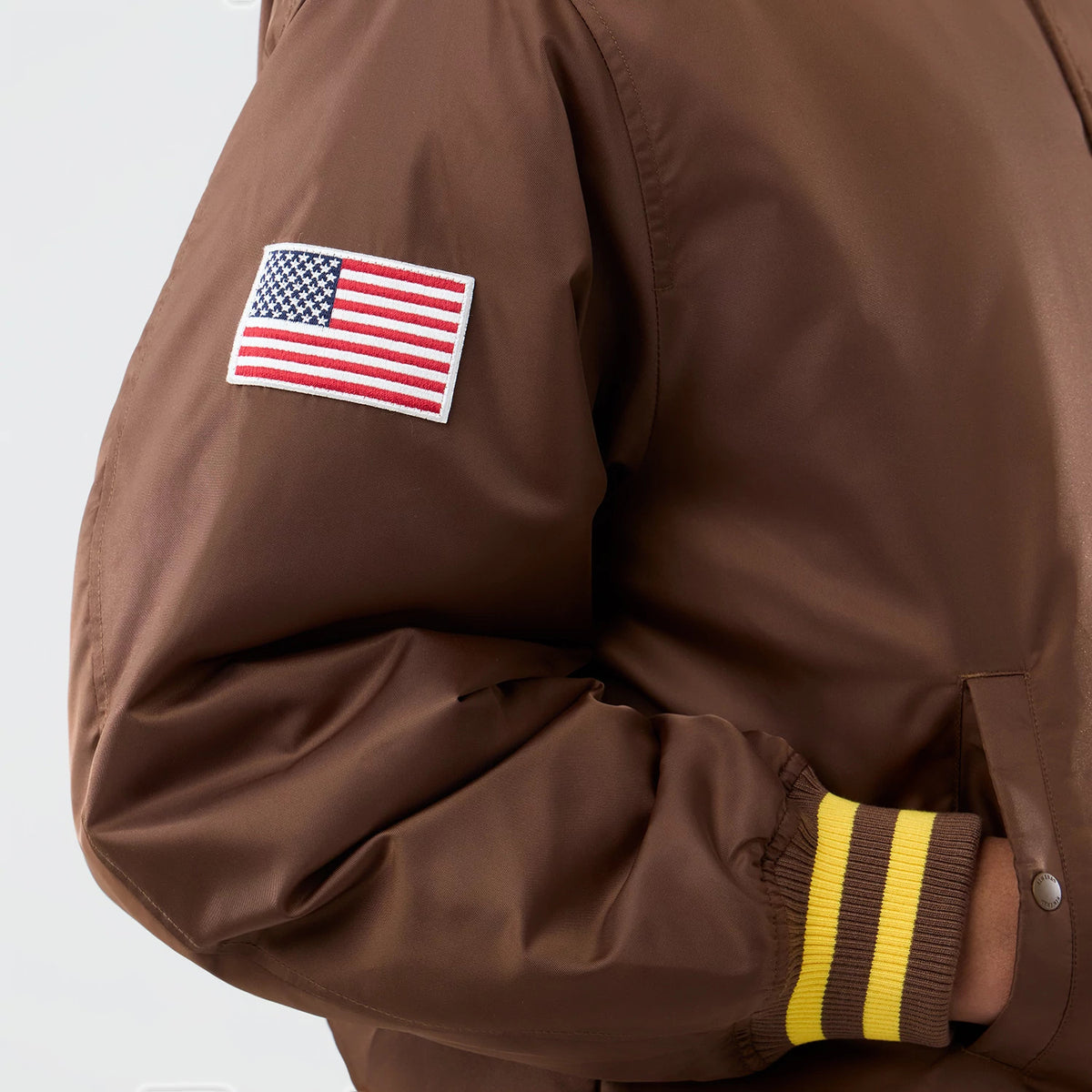 The Male model is wearing San Diego Padres MLB Authentic Dark Brown Stadium Jacket 5