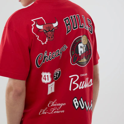 The model is wearing this NBA logo Chicago Bulls T-Shirt in red. 3