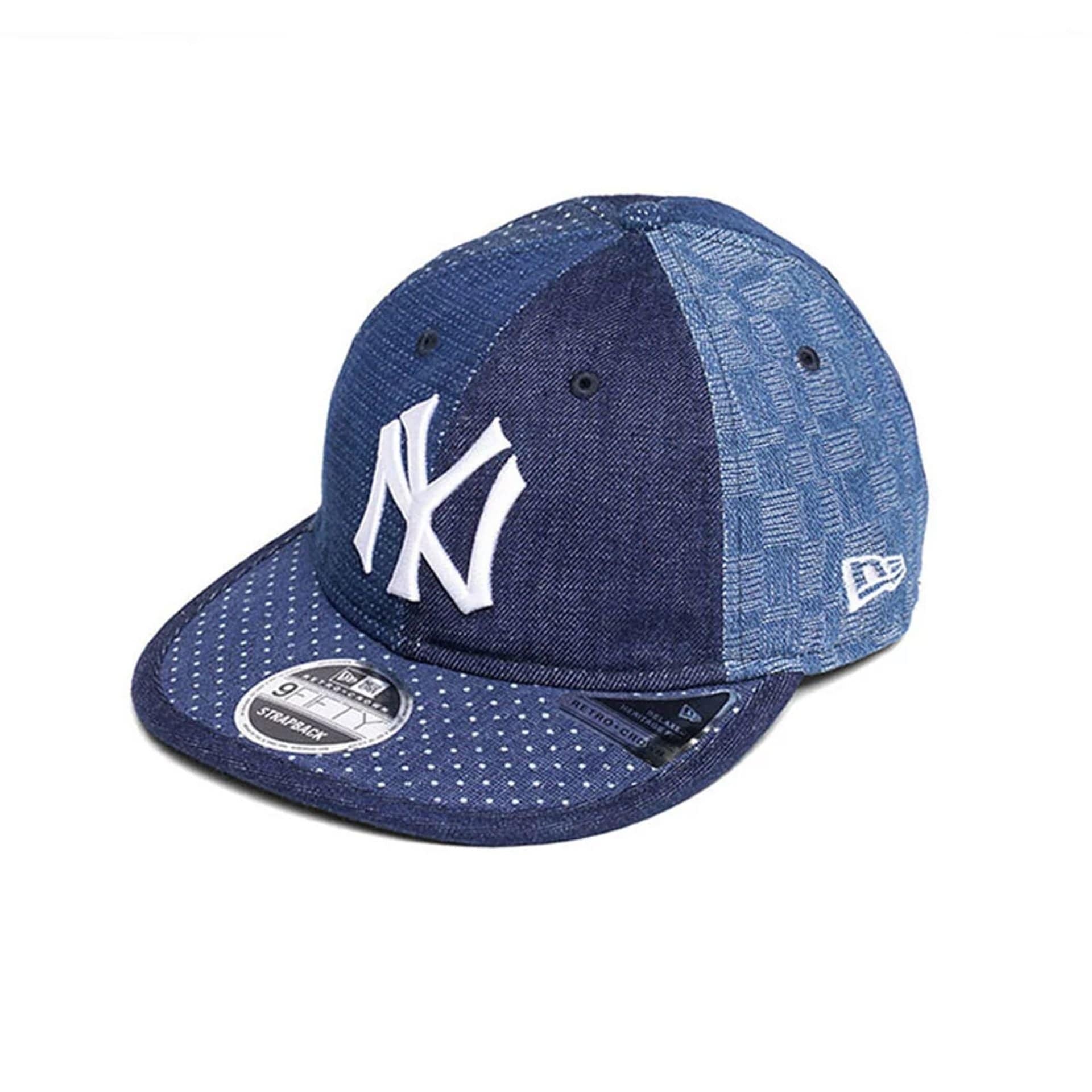 Pictured is this MLB Multi Panel Denim New York Yankees Retro Crown 9FIFTY cap in dark blue. 1