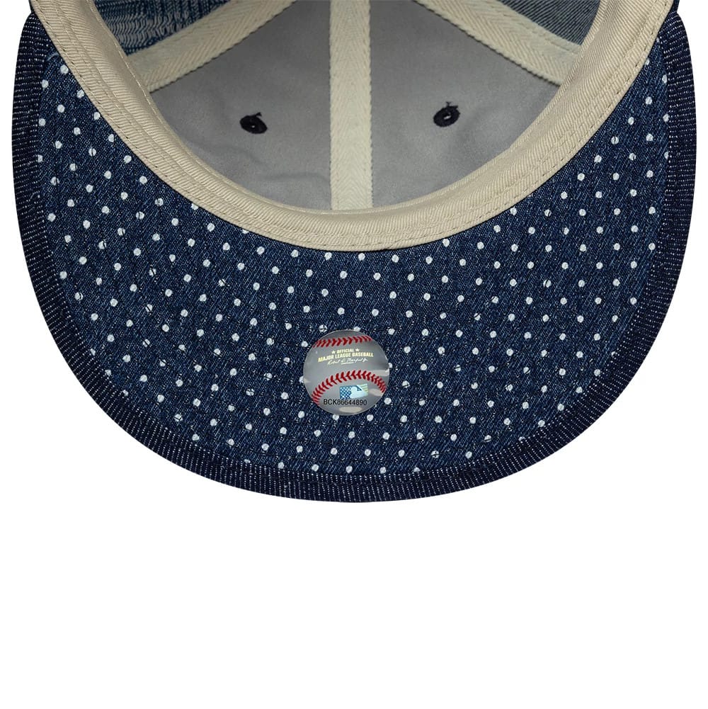 Pictured is this MLB Multi Panel Denim New York Yankees Retro Crown 9FIFTY cap in dark blue. 4