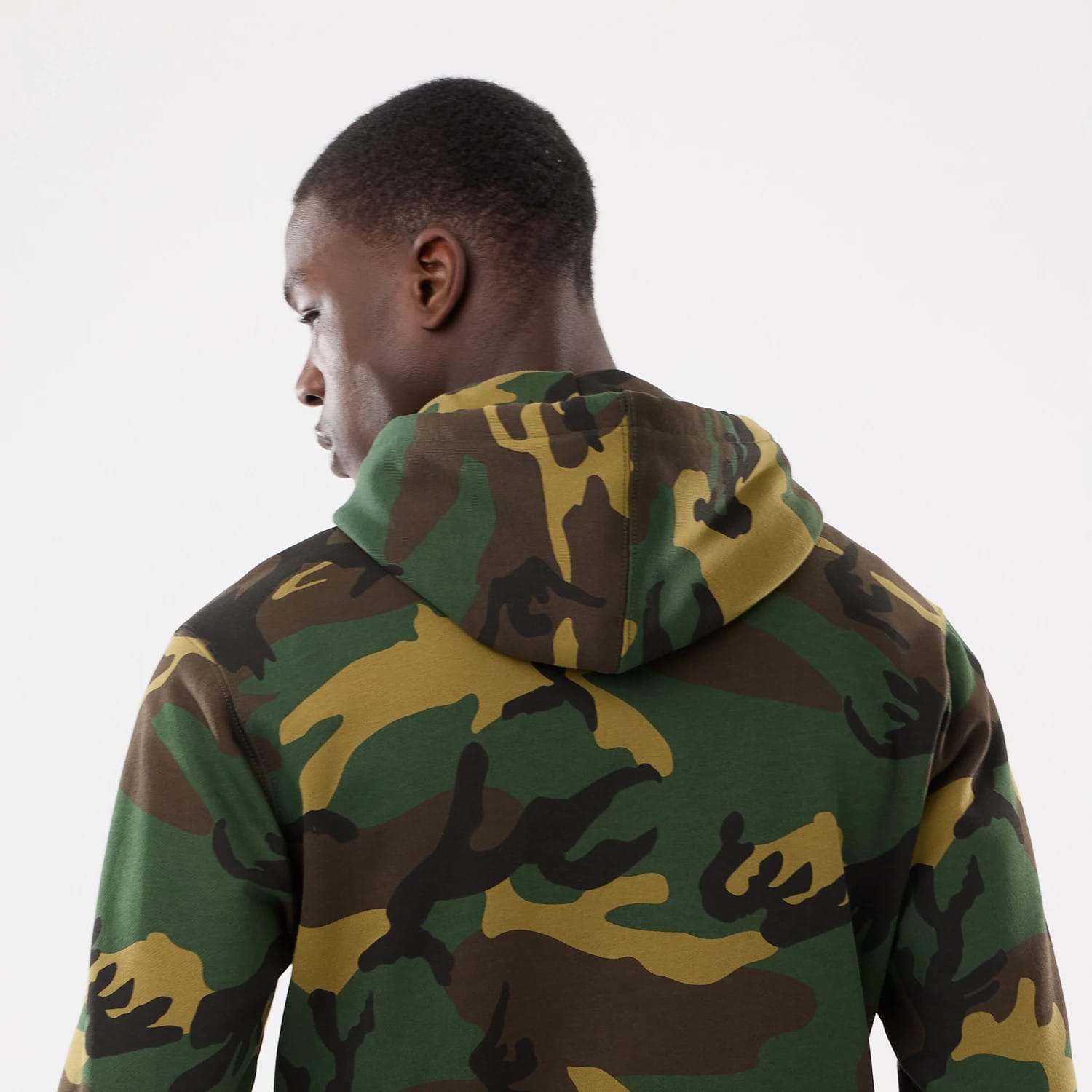 The model is wearing this MLB Camo New York Yankees 2 Way Full Zip Hoodie in Woodland Camo. 6