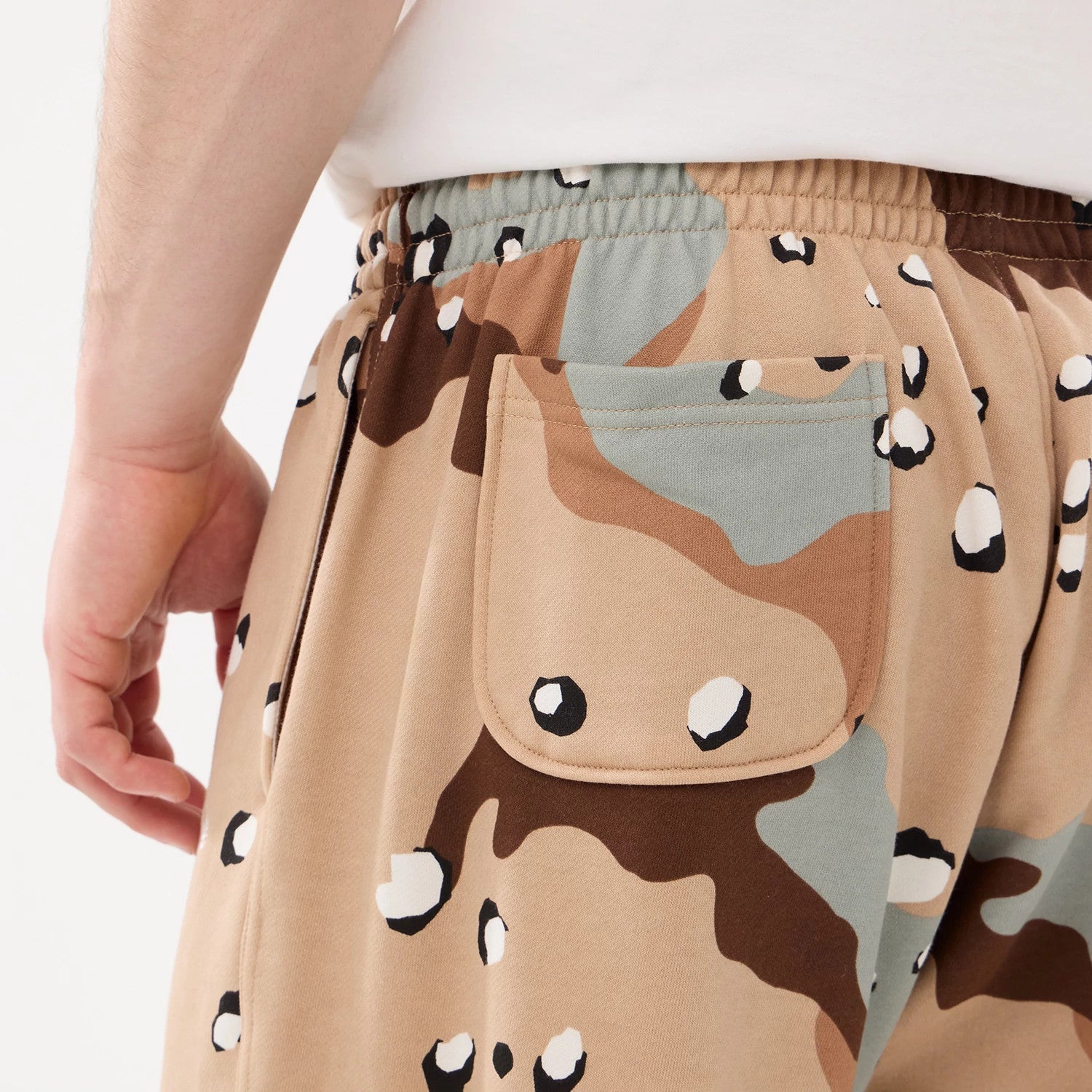 The model is wearing these New Era Desert Camo Joggers. 4