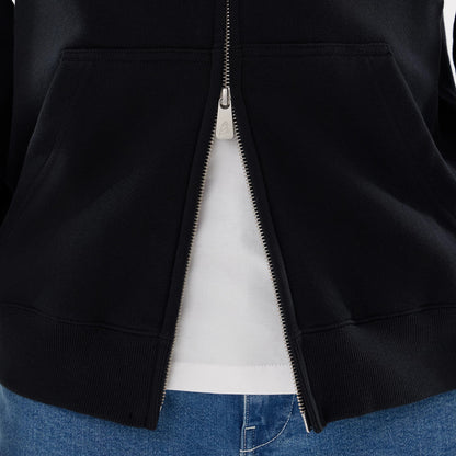 The model is wearing this MLB Word Art New York Yankees 2 Way Full Zip Hoodie in black. 6