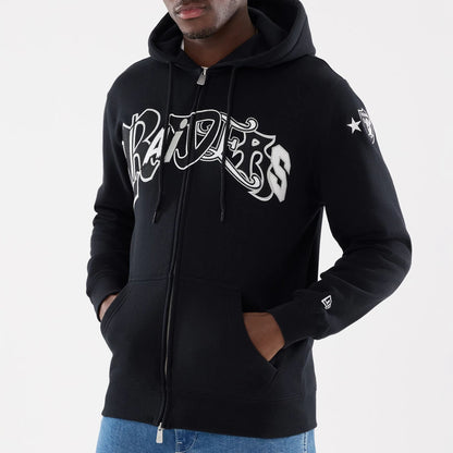The model is wearing this MLB Word Art Las Vegas Raiders 2 Way Full Zip Hoodie in black. 3