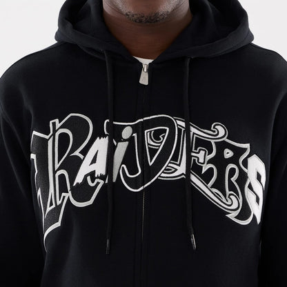 The model is wearing this MLB Word Art Las Vegas Raiders 2 Way Full Zip Hoodie in black. 4