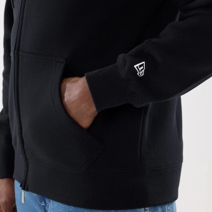 The model is wearing this MLB Word Art Las Vegas Raiders 2 Way Full Zip Hoodie in black. 5