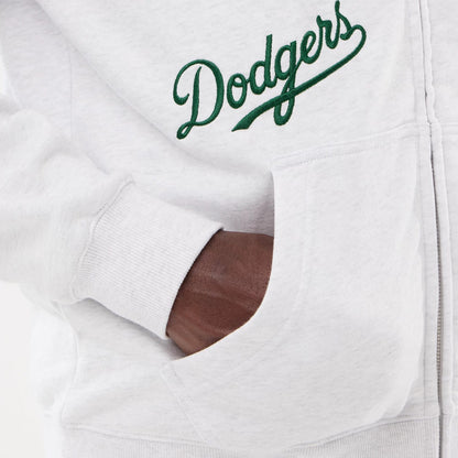 The model is wearing this MLB Comfort LA Dodgers 2 Way Full Zip Hoodie in grey. 4