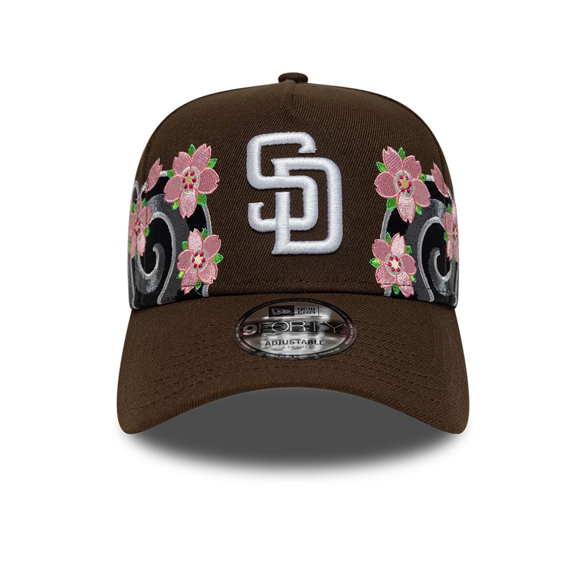 Pictured is this MLB Sakura San Diego Padres 9FORTY A-Frame cap in dark brown. 2