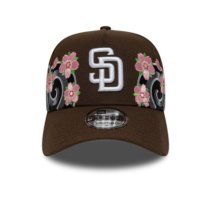 Pictured is this MLB Sakura San Diego Padres 9FORTY A-Frame cap in dark brown. 2