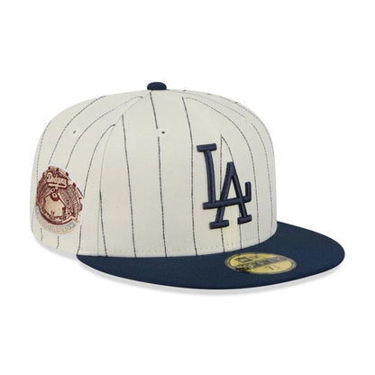 Pictured is this MLB Stripes LA Dodgers 59FIFTY Fitted cap in cream. 1