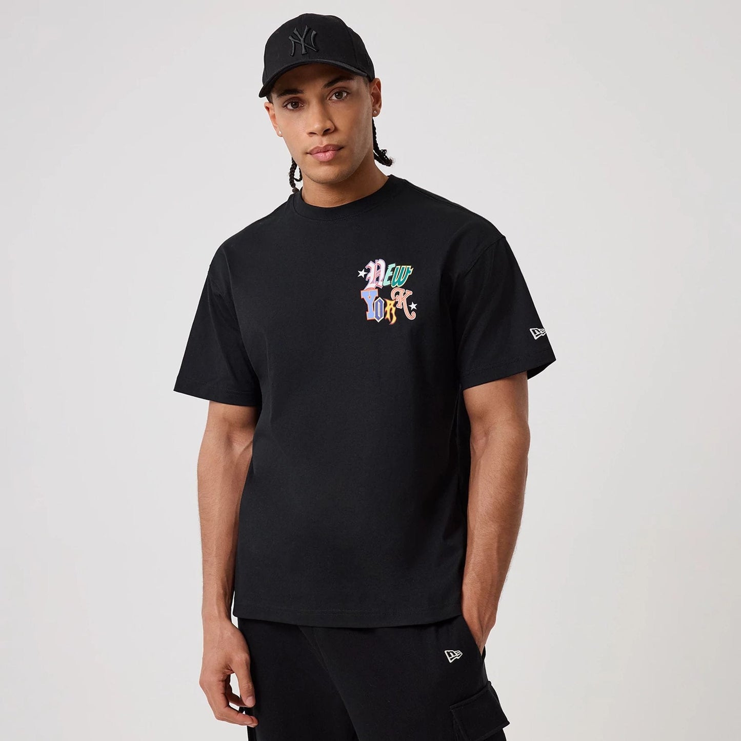The model is wearing this MLB Word Art New York Yankees T-Shirt in black. 1