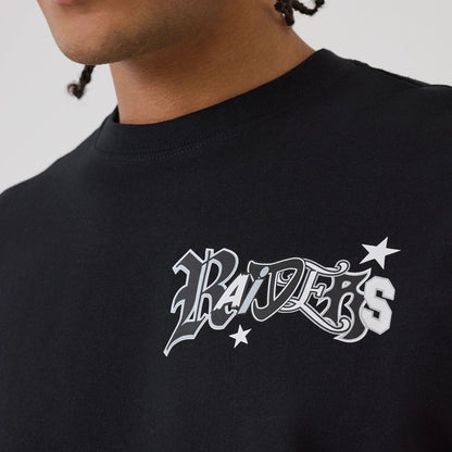 The model is wearing this NFL Word Art Las Vegas Raiders T-Shirt in black. 3