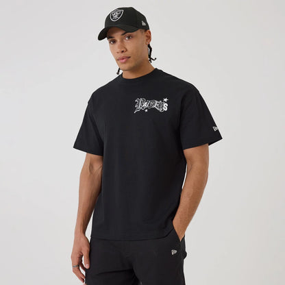 The model is wearing this NFL Word Art Las Vegas Raiders T-Shirt in black. 1