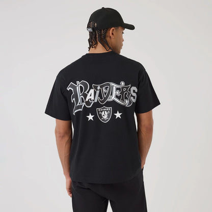 The model is wearing this NFL Word Art Las Vegas Raiders T-Shirt in black. 2