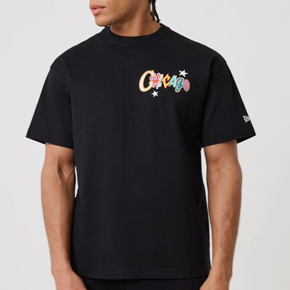 The model is wearing this MLB Word Art Chicago Bulls T-Shirt in black. 3