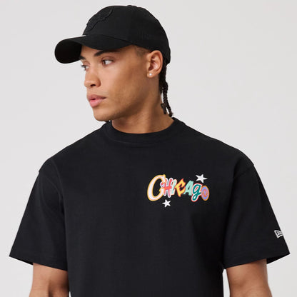 The model is wearing this MLB Word Art Chicago Bulls T-Shirt in black. 7