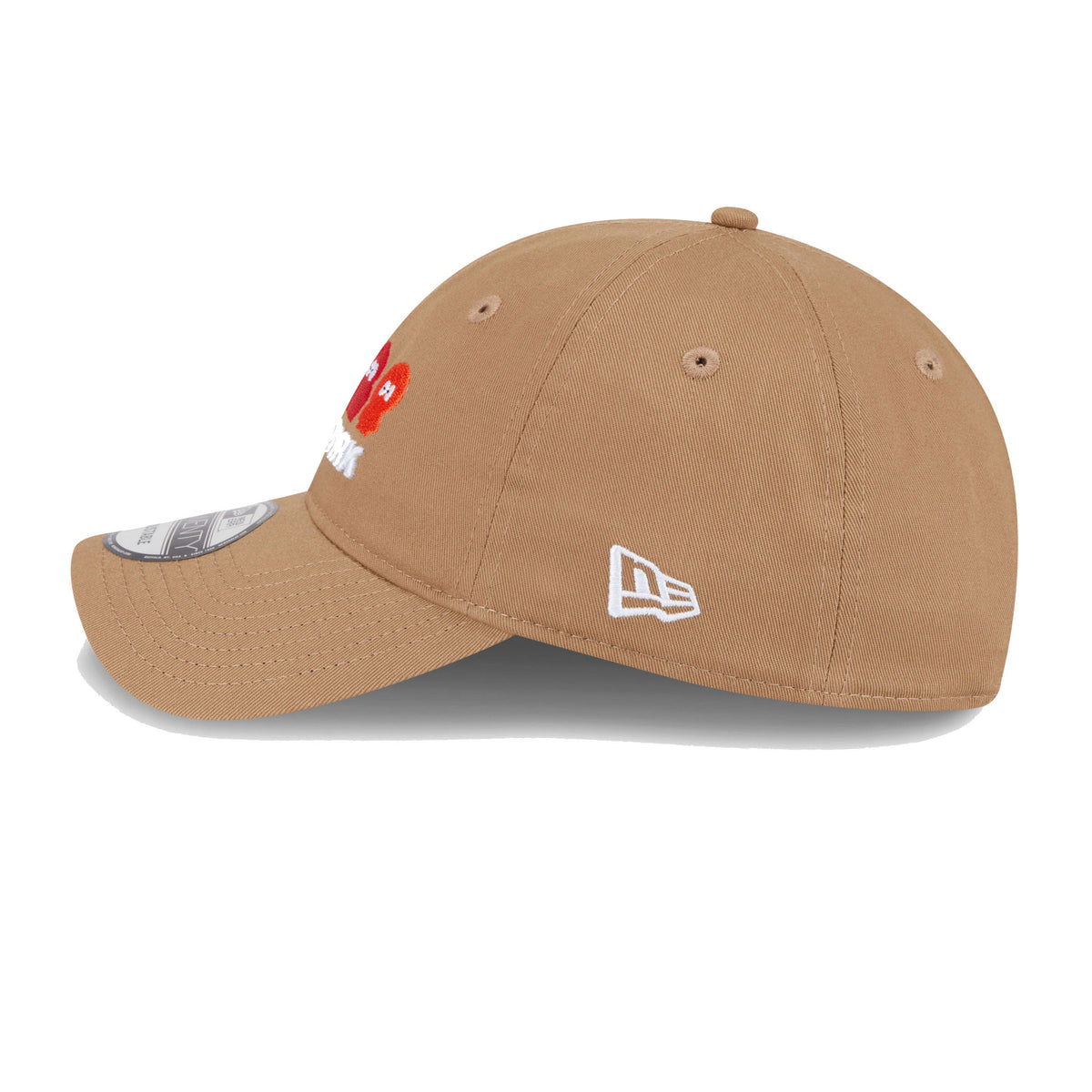 South Park Brown New Era 9TWENTY Adjustable Cap, side view showing the white embroidered New Era flag logo on the left side of the brown crown, with the flat brown visor and 9TWENTY size sticker on top.