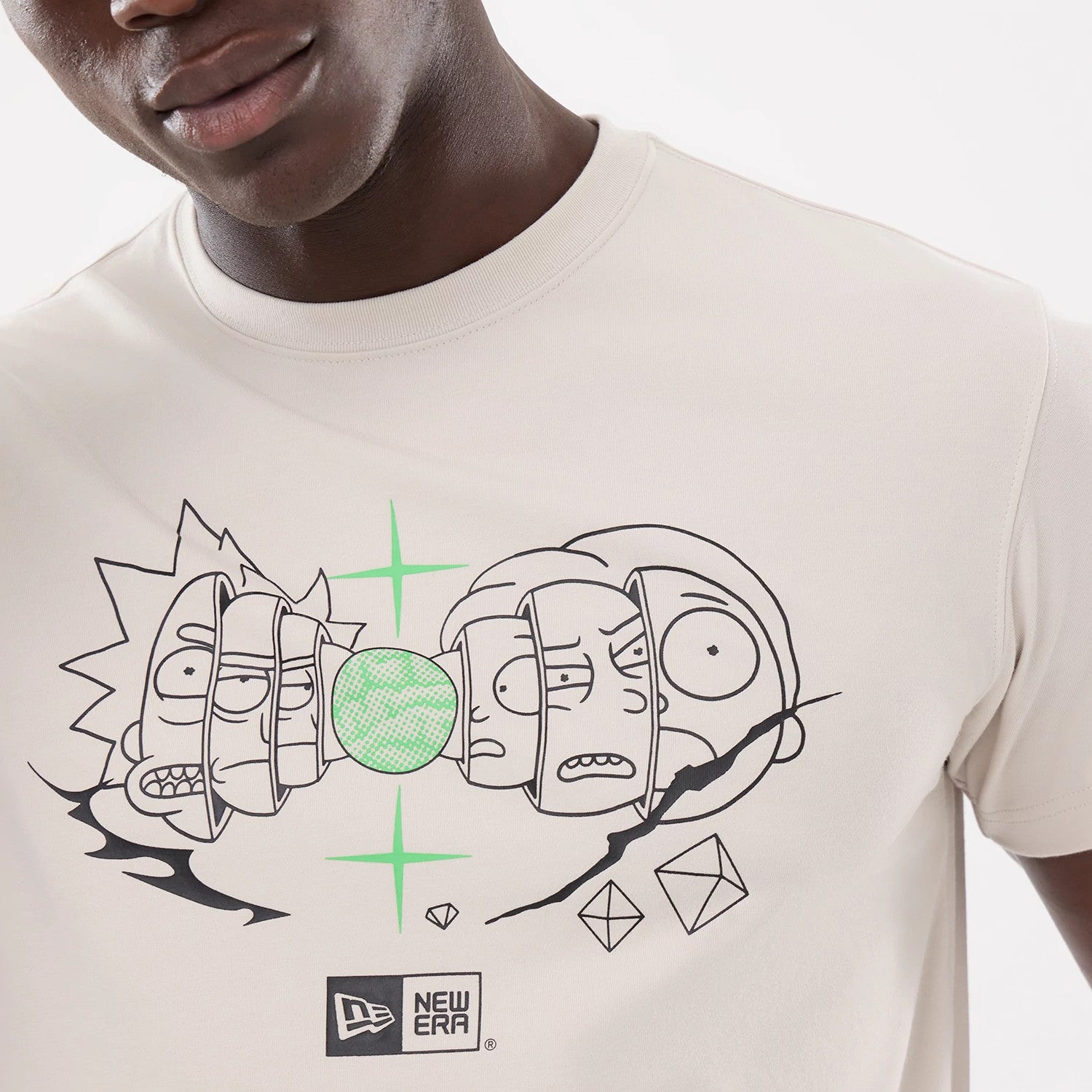 The model is wearing this Rick And Morty Character Stack T-Shirt in cream. 3