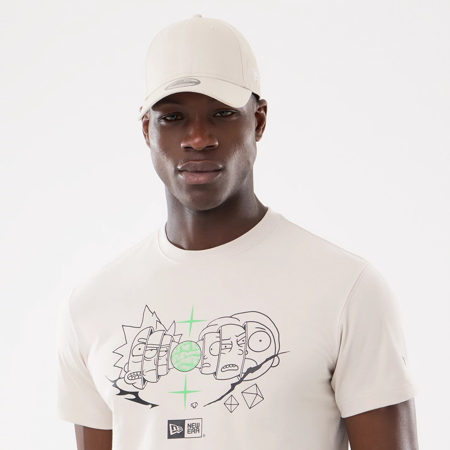 The model is wearing this Rick And Morty Character Stack T-Shirt in cream. 6