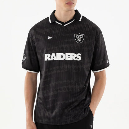 The model is wearing this NFL Las Vegas Raiders Soccer Jersey in black. 4