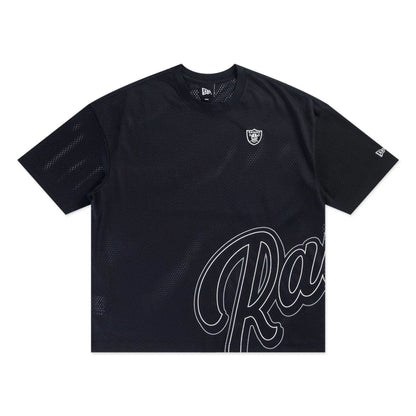 The model is wearing this NFL Mix League Las Vegas Raiders Oversized Mesh T-Shirt in black. 1