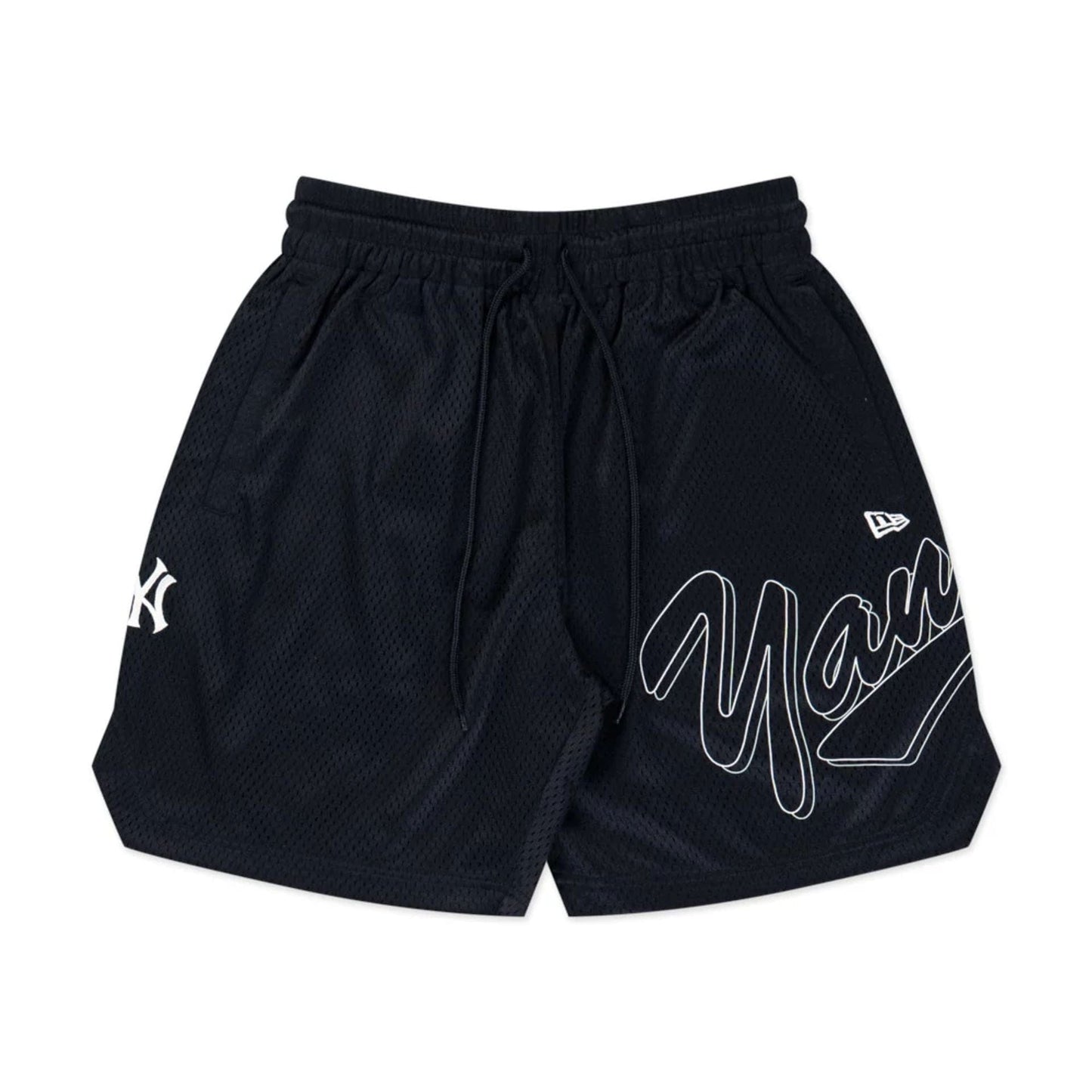 The model is wearing this MLB Mix League New York Yankees Oversized Mesh Shorts in black. 7
