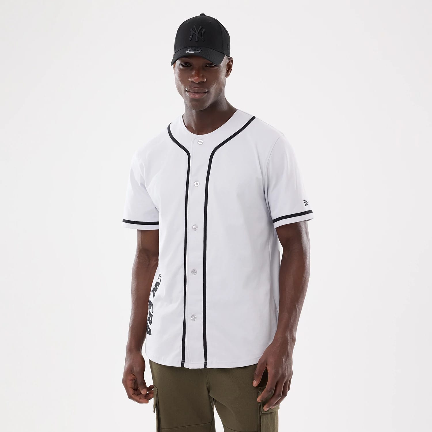 The model is wearing this New Era Basic Jersey in white. 1