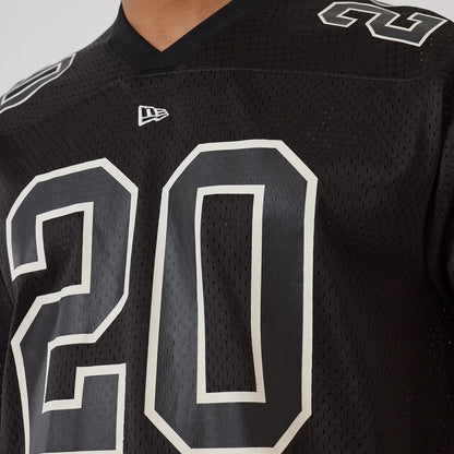 New Era Mesh Football Black Short Sleeve Shirt, close-up view showing the large number 20 in white on a black mesh fabric with a New Era flag logo and contrasting number on the shoulder.