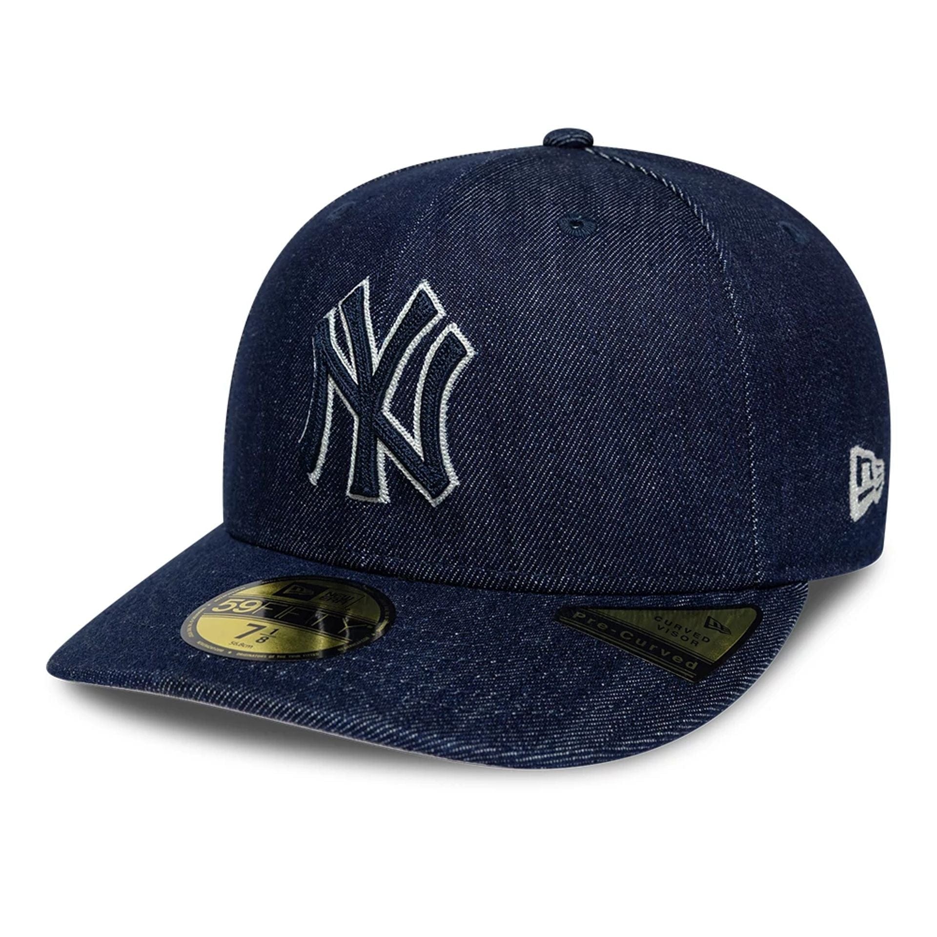 Pictured is this MLB Chain Stitch Denim New York Yankees 59FIFTY Fitted cap in navy. 1