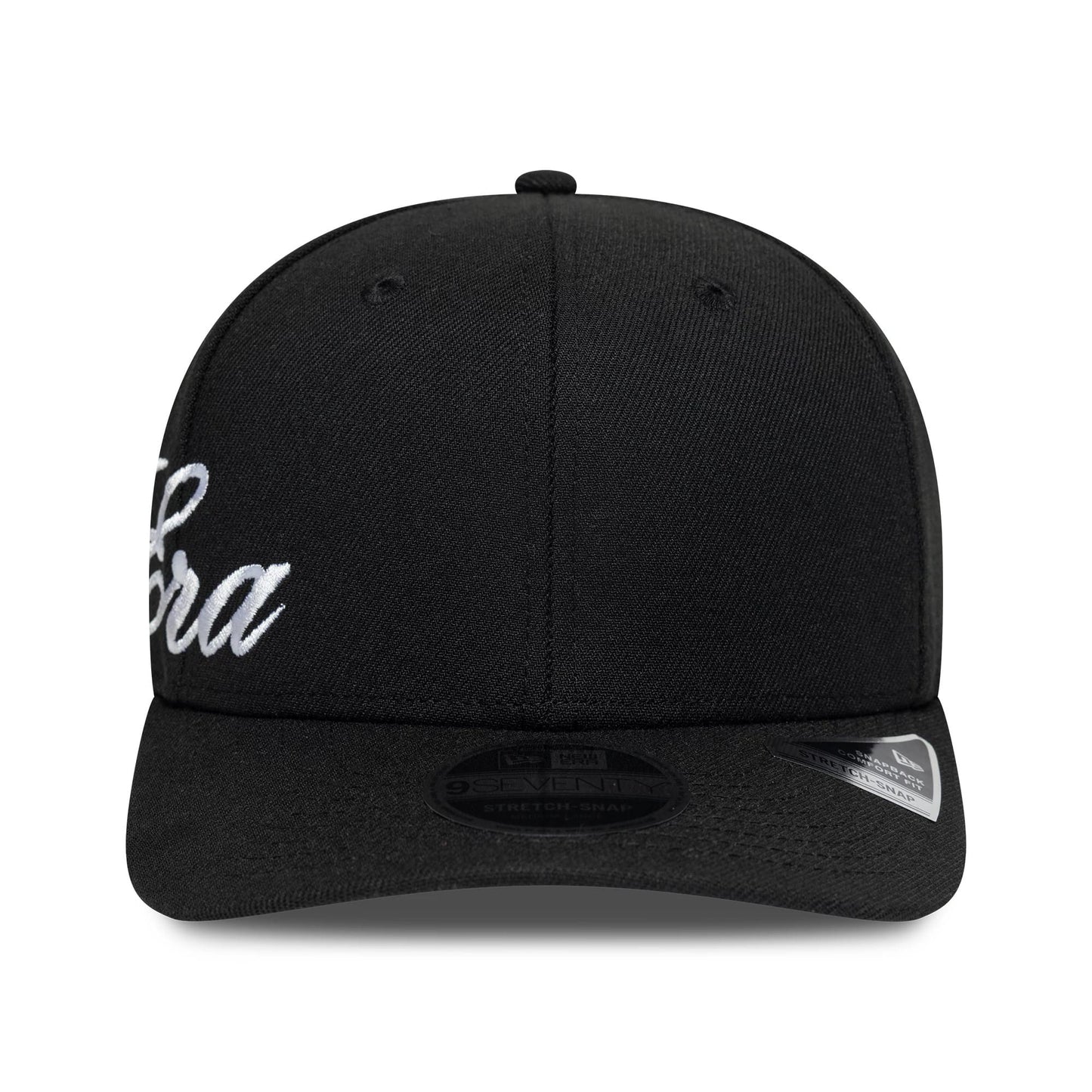 Pictured is this New Era Big Script 9SEVENTY Stretch Snap cap in black. 2