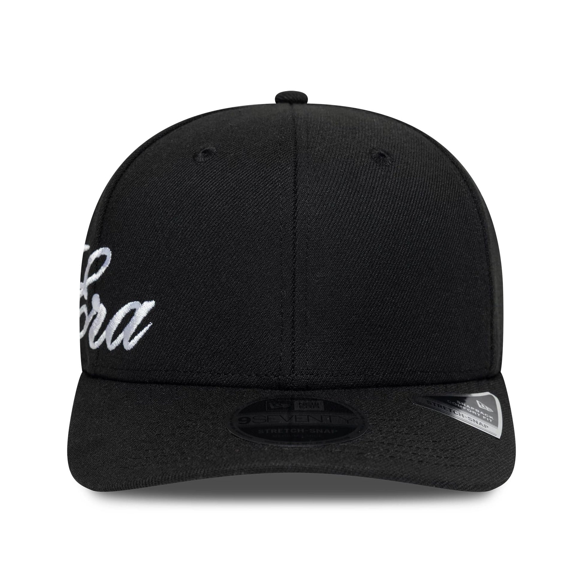 Pictured is this New Era Big Script 9SEVENTY Stretch Snap cap in black. 2