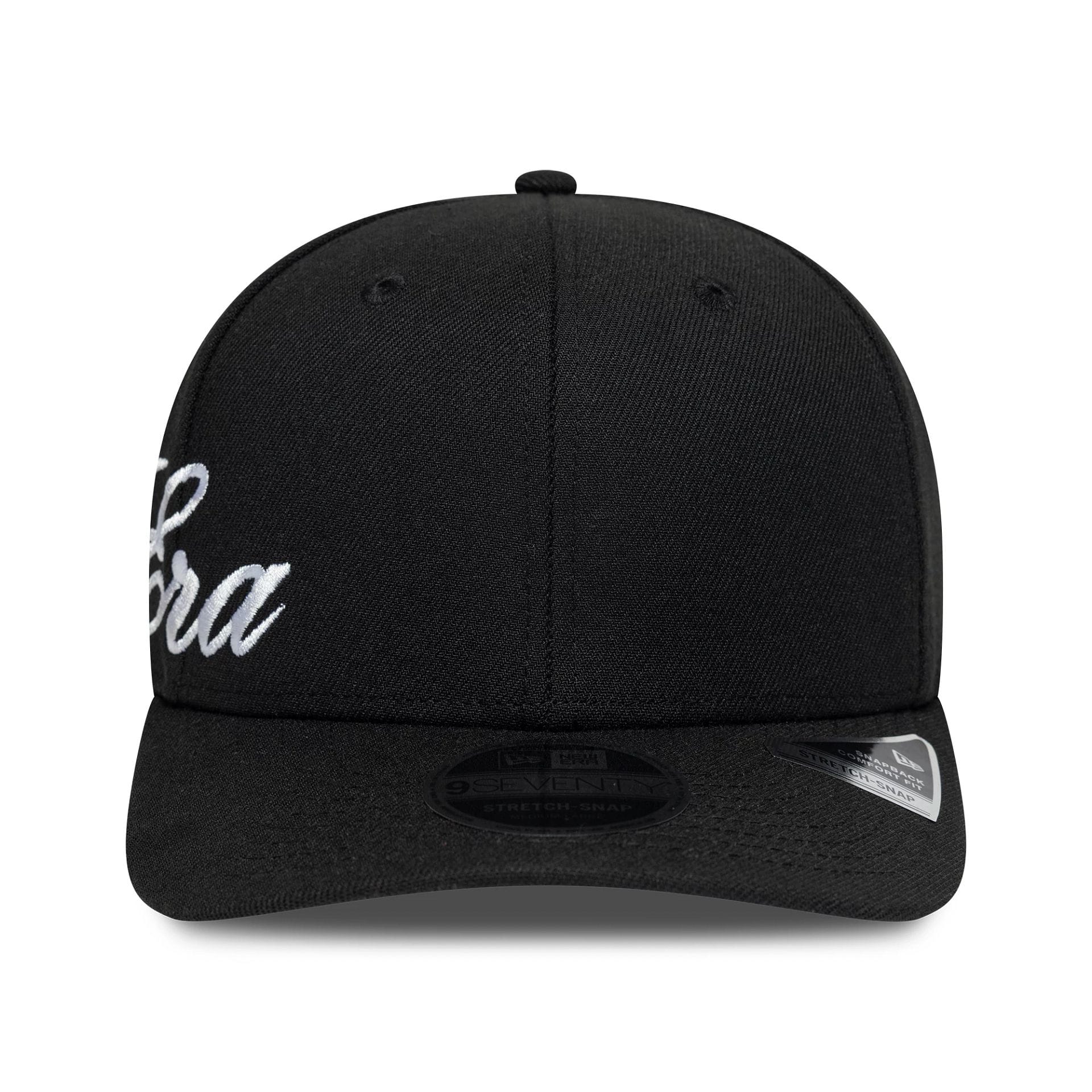 Pictured is this New Era Big Script 9SEVENTY Stretch Snap cap in black. 2