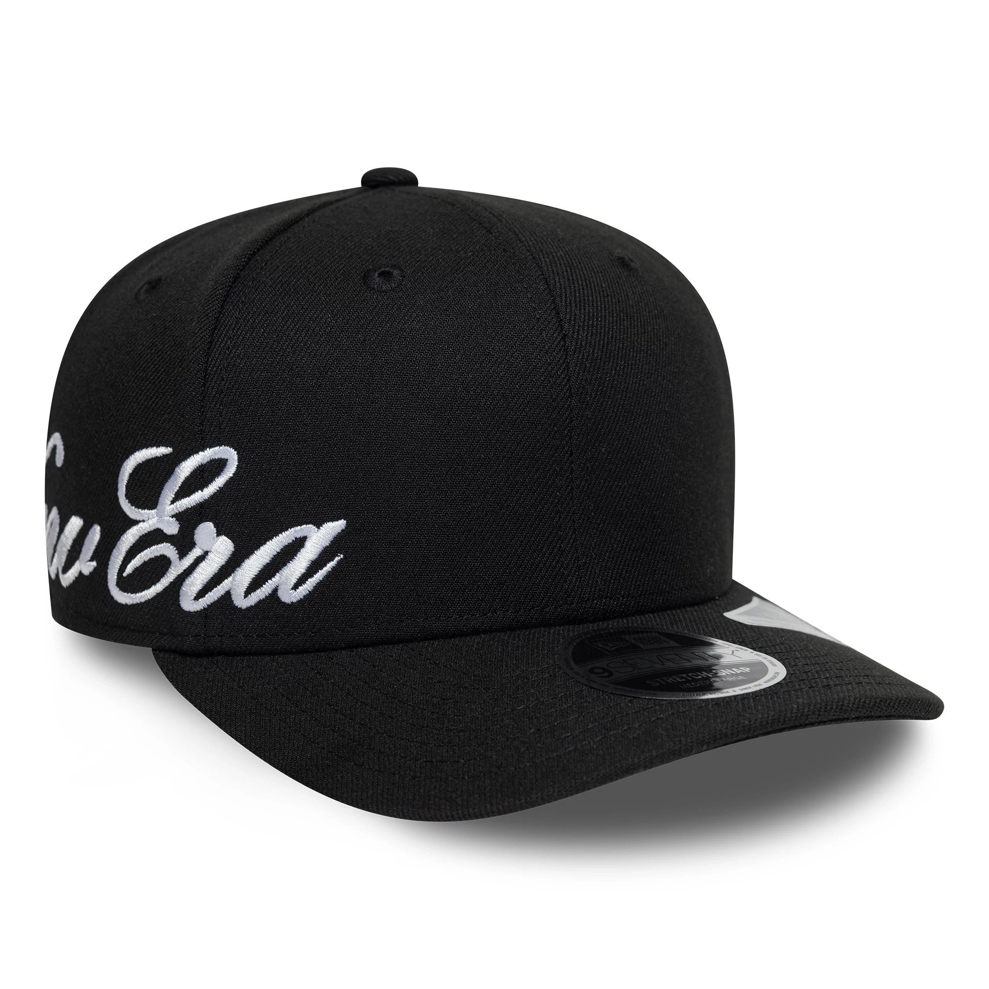 Pictured is this New Era Big Script 9SEVENTY Stretch Snap cap in black. 1