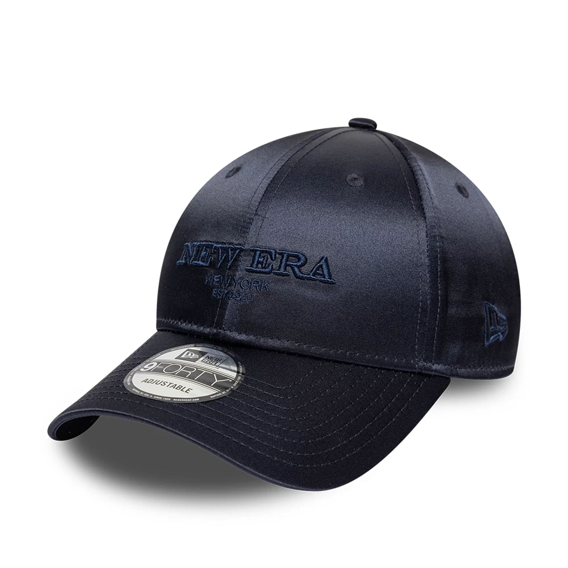 Pictured is this New Era Satin 9FORTY cap in navy. 1