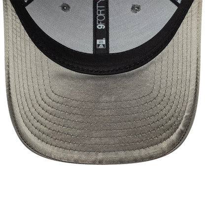 New Era Satin Grey New Era 9FORTY Adjustable Cap, inside view showing black sweatband, grey taping with 9FORTY lettering, and satin underside of the visor, with visible stitching around the edges.