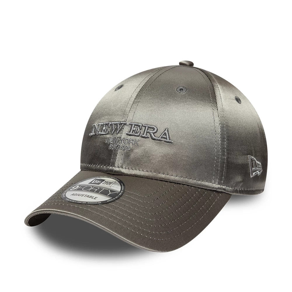 New Era Satin Grey 9FORTY Adjustable Cap, front view with raised grey embroidered New Era script on front panel and New Era flag logo on left side, curved grey visor featuring 9FORTY size sticker on top.