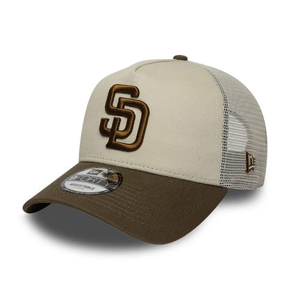 Pictured is this MLB Patch San Diego Padres 9FORTY A-Frame Trucker cap in light beige. 3