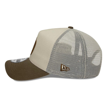 Pictured is this MLB Patch San Diego Padres 9FORTY A-Frame Trucker cap in light beige. 5