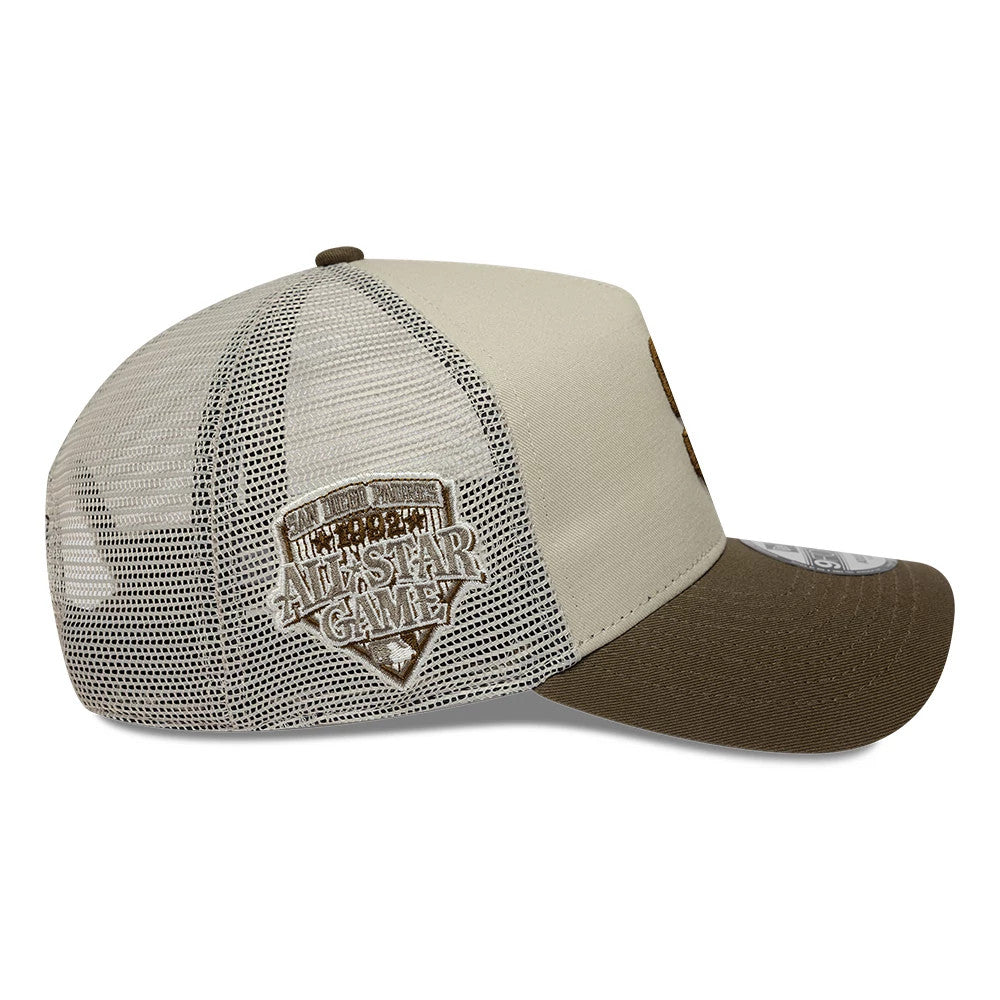 Pictured is this MLB Patch San Diego Padres 9FORTY A-Frame Trucker cap in light beige & brown. 4