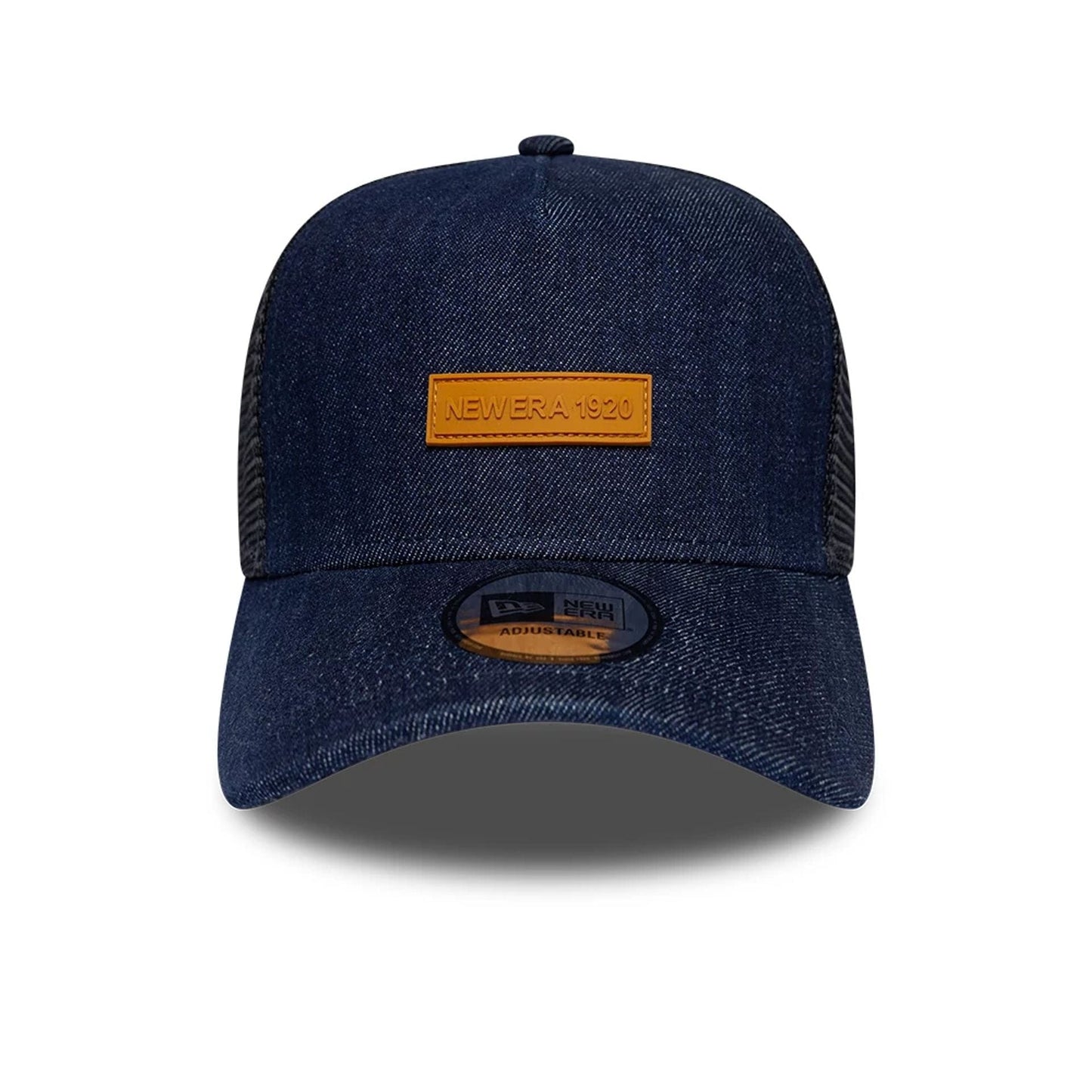Pictured is this New Era Denim 9FORTY A-Frame Trucker cap in navy. 2