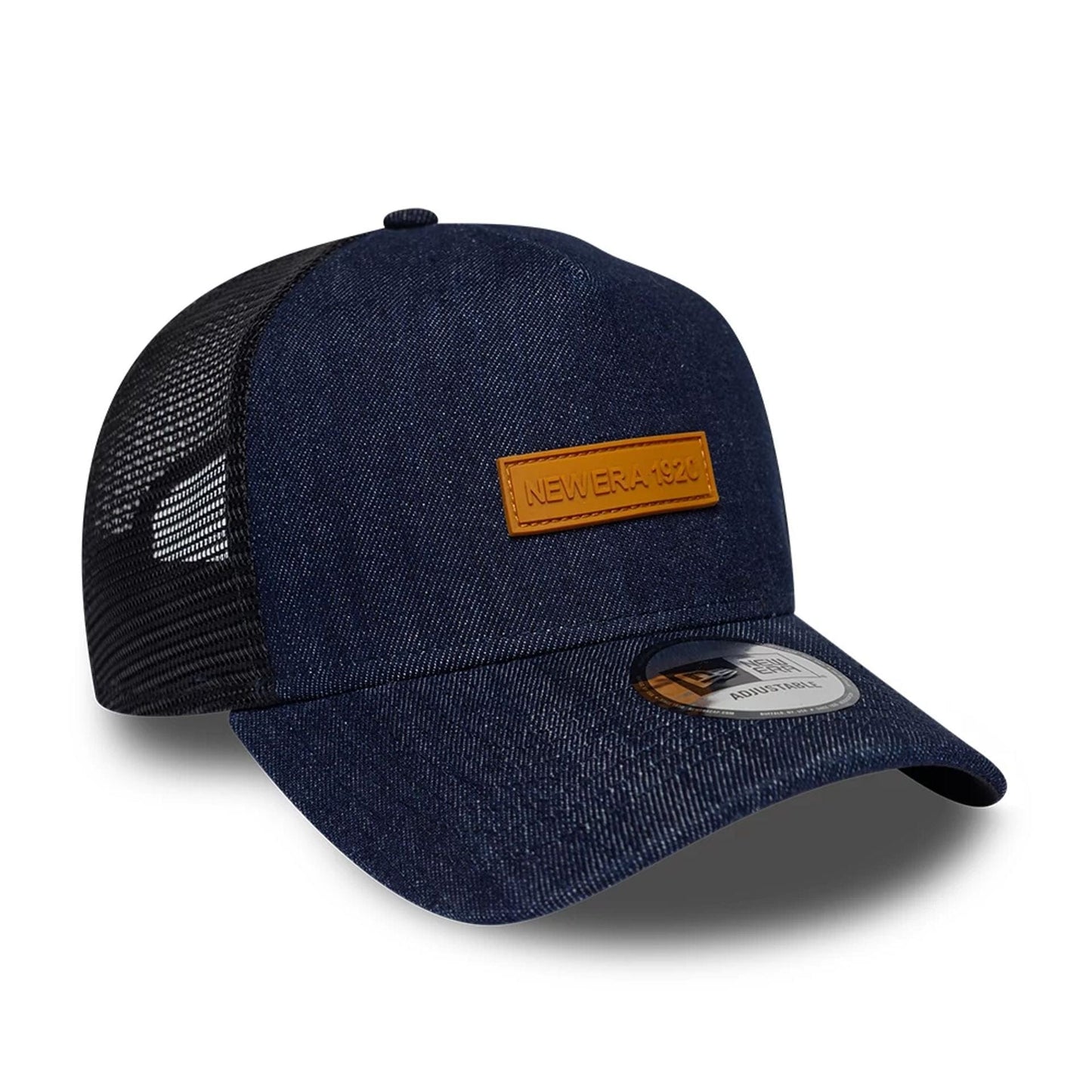 Pictured is this New Era Denim 9FORTY A-Frame Trucker cap in navy. 3