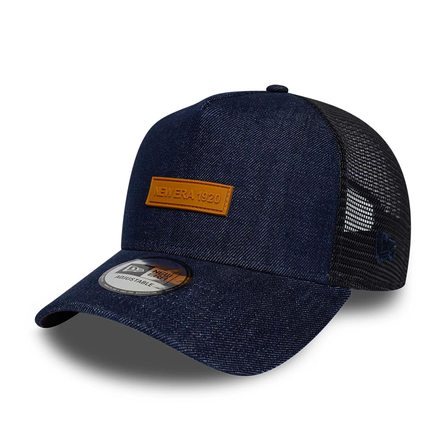Pictured is this New Era Denim 9FORTY A-Frame Trucker cap in navy. 1