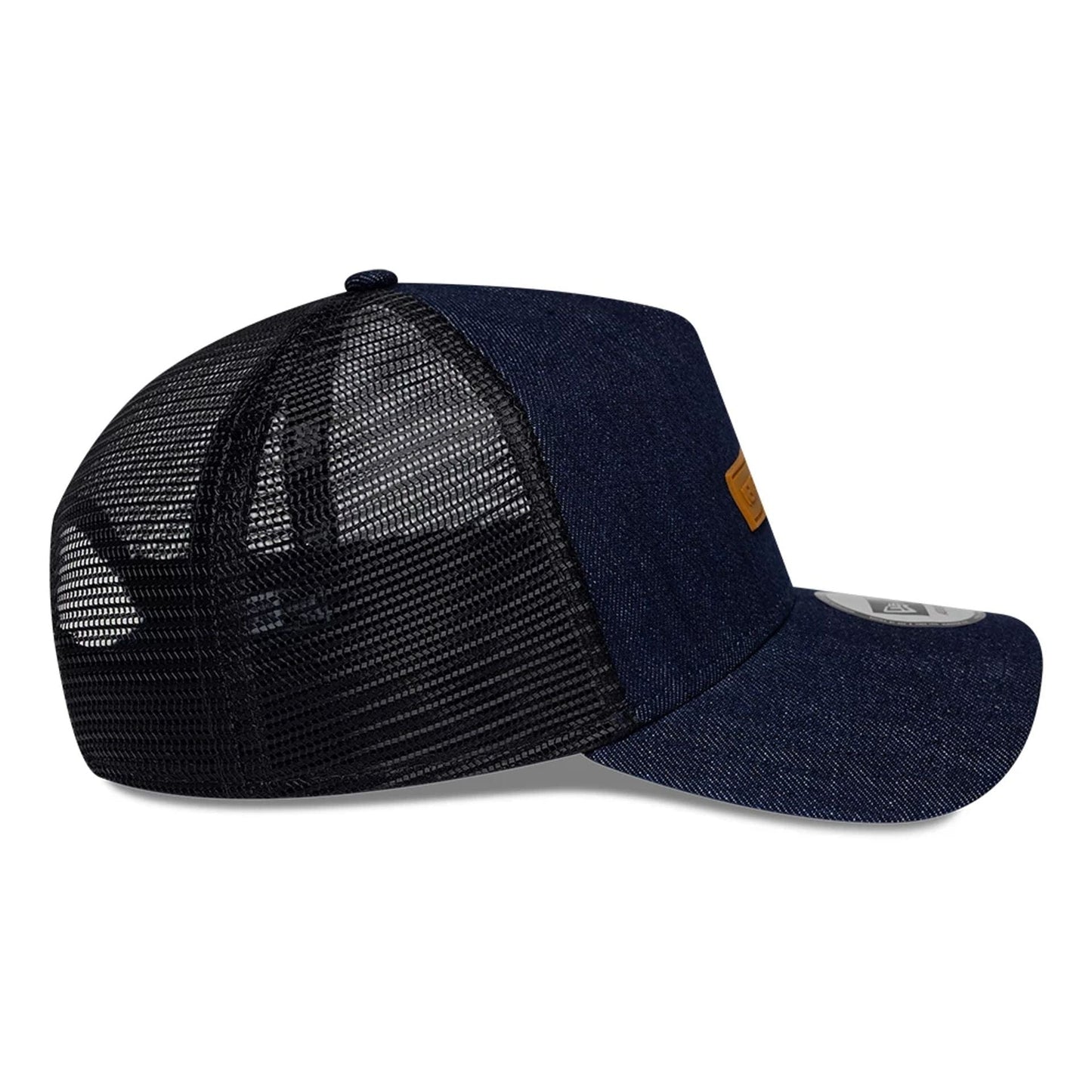 Pictured is this New Era Denim 9FORTY A-Frame Trucker cap in navy. 5