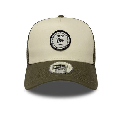 Pictured is this New Era Round Patch 9FORTY A-Frame Trucker Adjustable cap in white. 2