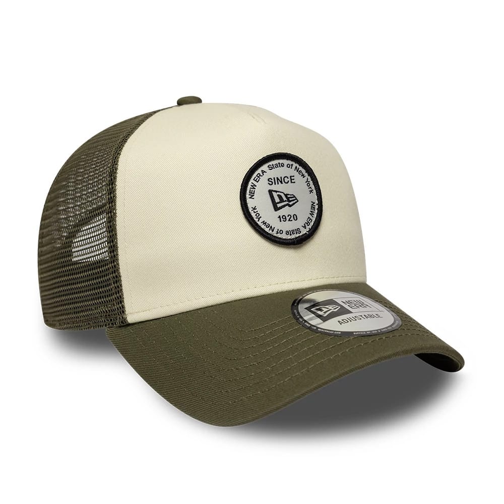 Pictured is this New Era Round Patch 9FORTY A-Frame Trucker Adjustable cap in white. 3